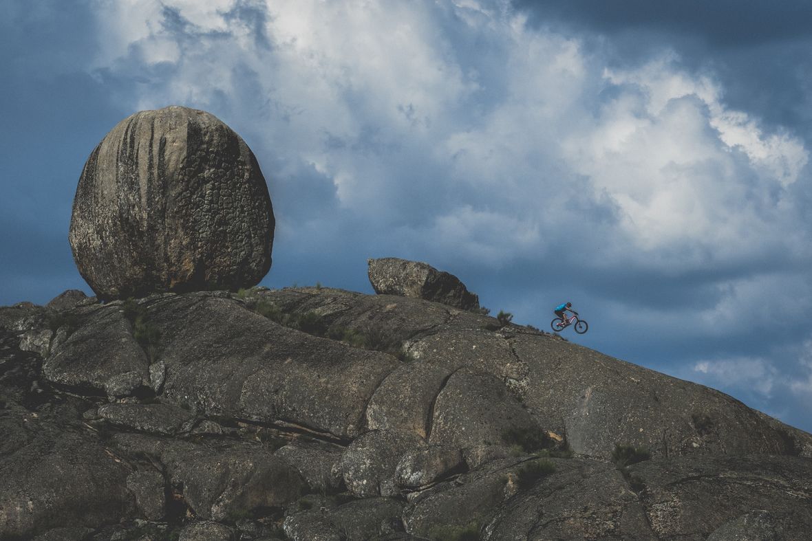 Riding the other-worldly rock formations near Alpotrel Lake.