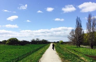 Cyclist on bike trail in countryside
