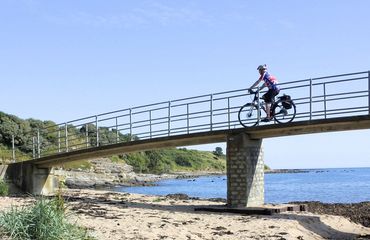 Cyclists on a bridge next to coast