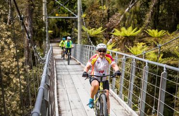 Cyclists riding over a suspension bridge