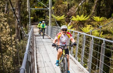 Cyclists riding over bridge