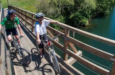 Cyclists on bridge, looking at water