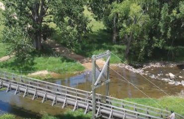 Cyclists on a bridge - aerial view