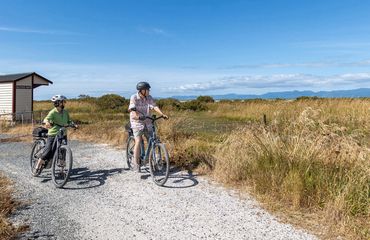 Cyclists on trail with open views