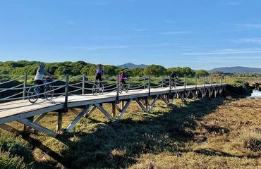 Three people cycling across a bridge