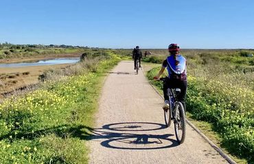 Two people cycling on a path