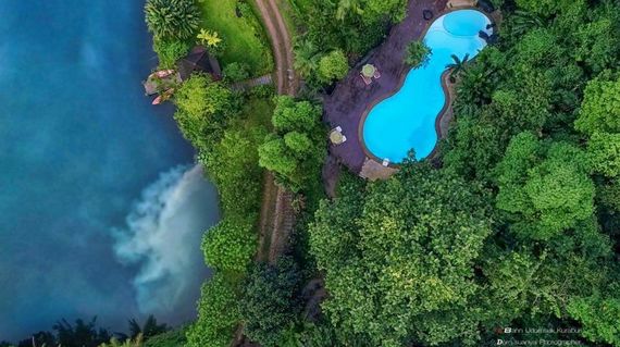 Serene resort surrounded by a tropical rainforest.