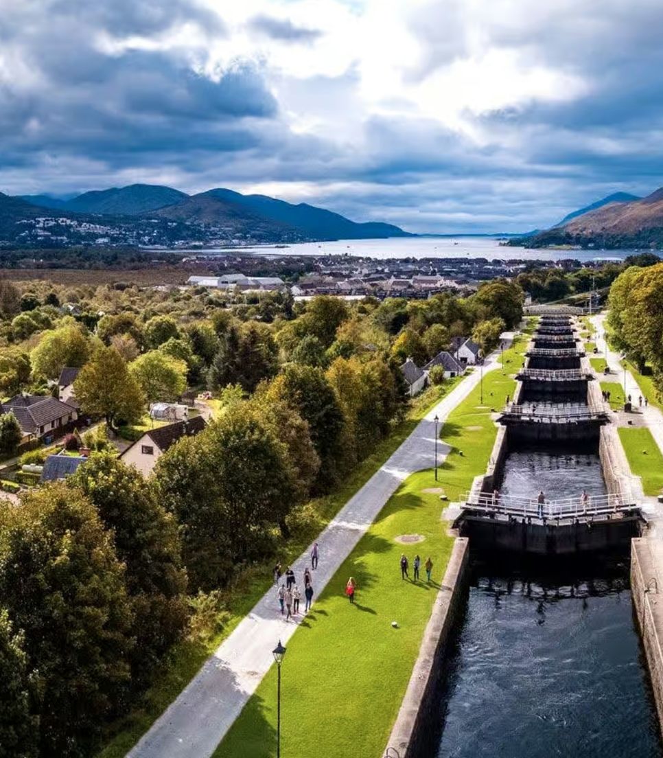 Near Fort William, see the impressive series of eight locks on the Caledonian Canal