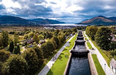 Aerial shot of canal with multiple locks