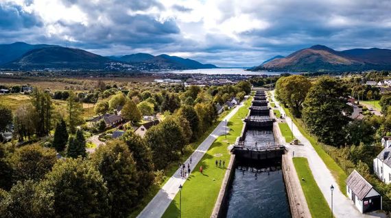 Near Fort William, see the impressive series of eight locks on the Caledonian Canal