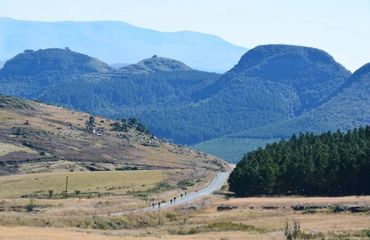 Long distance shot of cyclists on road riding into mountains