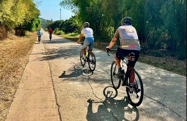 Cyclists riding along a part shady, part sunny road