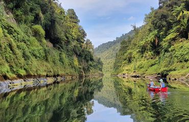 People in canoe on river with vegetation each side