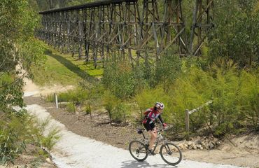 Cyclist riding uphill next to trestle wooden bridge