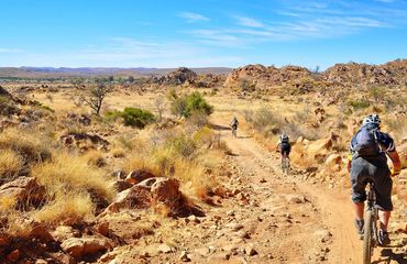 Cyclists riding down a trail in desert landscape