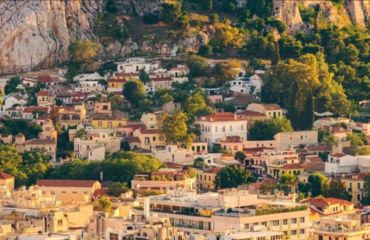 Town against a mountain backdrop