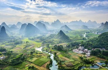 Aerial shot of karsts and river landscape