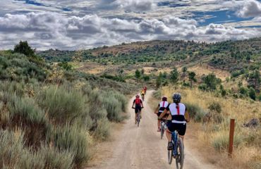 Cyclists riding down rural track