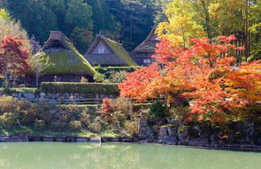 Pitched thatched buildings next to lake and red leaved trees