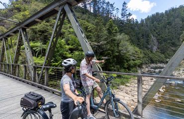 Cyclists on bridge, looking at water