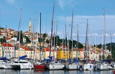 Lots of sailboats with colourful town behind