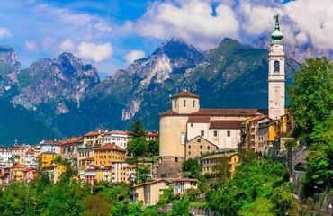 Buildings and mountain view in the background