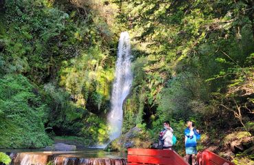 Waterfall and lake with bridge and people watching