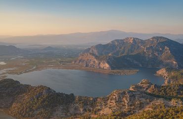 View down over mountains and sea region