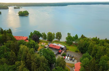 Aerial view of hotel by lake