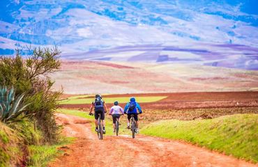 Three cyclists on red dirt road with pinky purple hues in landscape