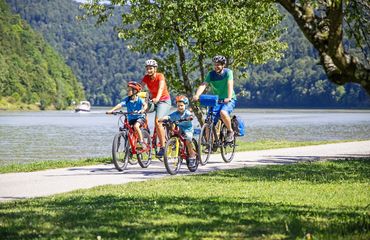 Four cyclists on path beside a river