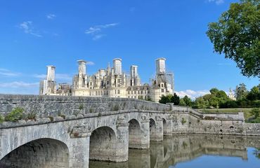 Castle by bridge over river