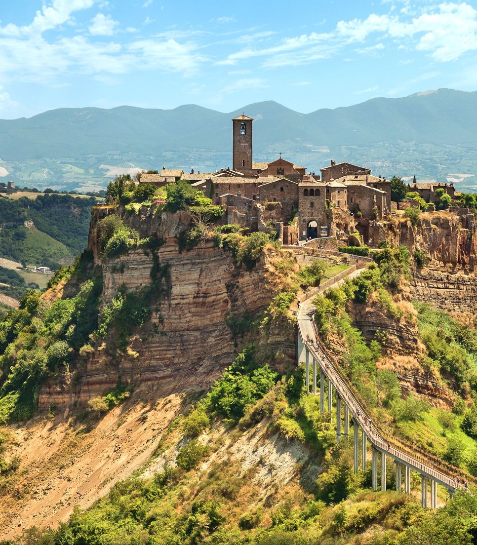 The medieval hilltop town of Civita di Bagnoregio will mesmorize you with its enchanting romantic beauty
