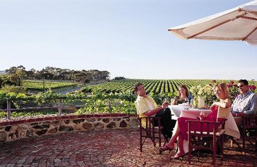 People drinking wine on terrace over vineyards