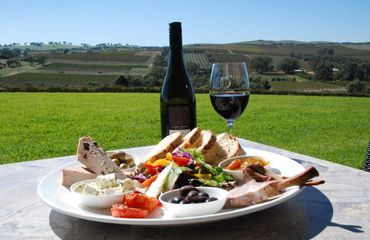 Lunch platter and glass of wine with scenic backdrop