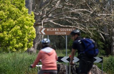 Cyclists at 'Milawa Gourmet Region' sign