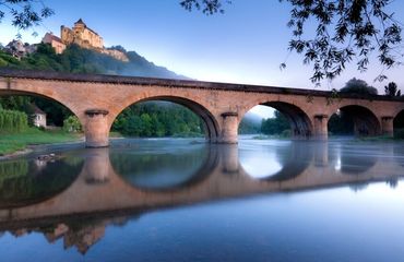 Bridge over river with glassy reflection
