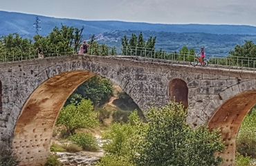Historic stone bridge with rural background