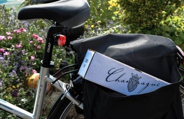 Close up of bike with bottle of champagne in pannier