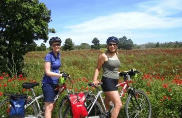 Cyclists standing infront of wildflower field