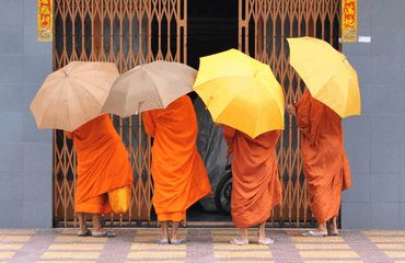 Four monks in orange robes holding umbrellas