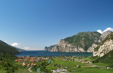 Lake, mountains and town