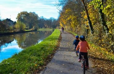Family cycling along the river