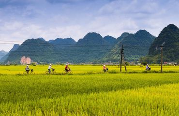 Locals cycling across field and mountain landscape