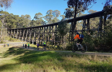 Cycling alongside a trestle bridge