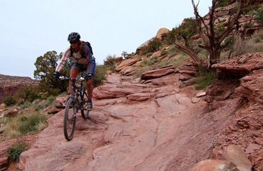 Mountain biker riding over red rock