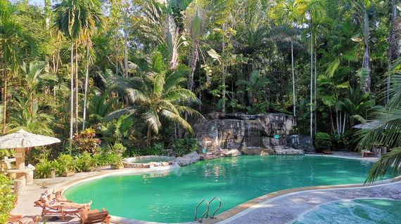 Sleep in rustic accommodations that's surrounded by a tropical forest and boasts an inviting pool