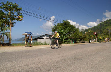 Group of cyclists riding along coastal road